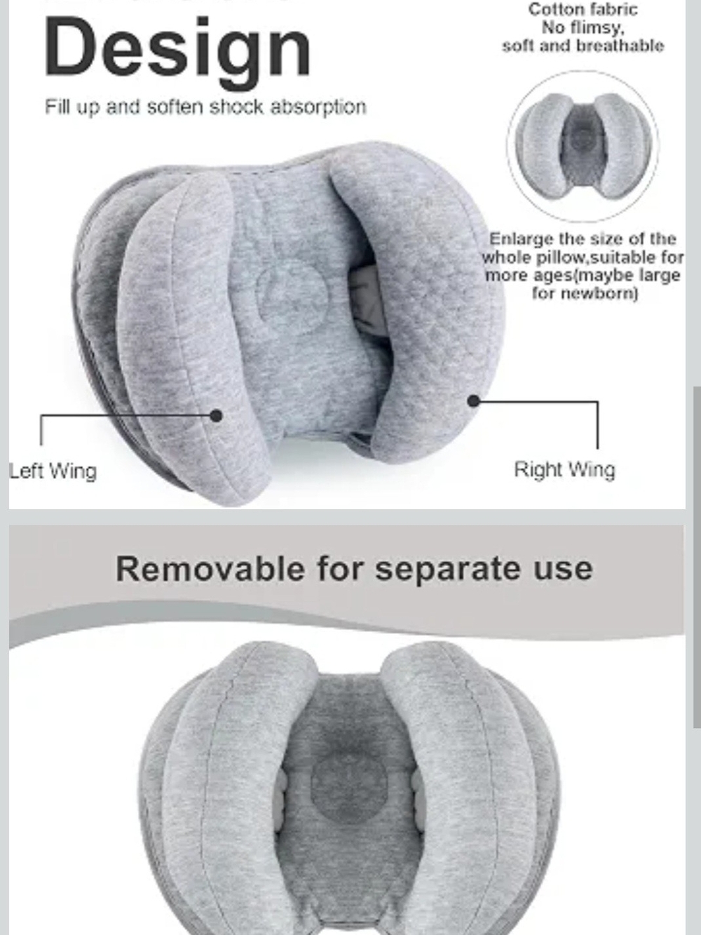 Infant Head Support Pillow for Car Seat and Stroller - Gray   NWOT